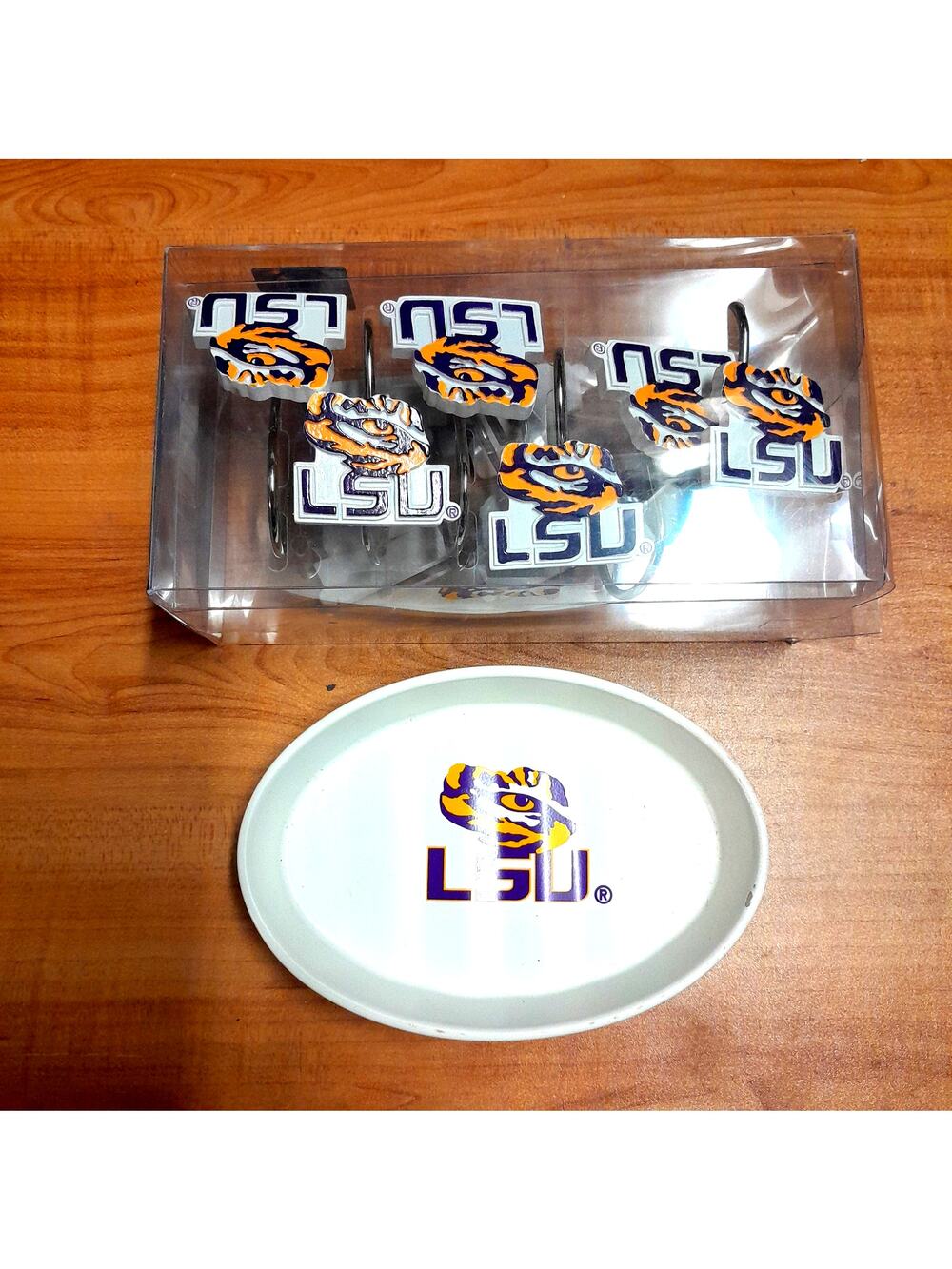 LSU Tigers Shower Curtain Rings 12 pc & Soap Dish Combo Hooks NCAA Bath Dorm New